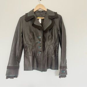Haute Acorn Lambskin Lamb Leather Women's Brown Jacket Frill Trim Blue Stitch S